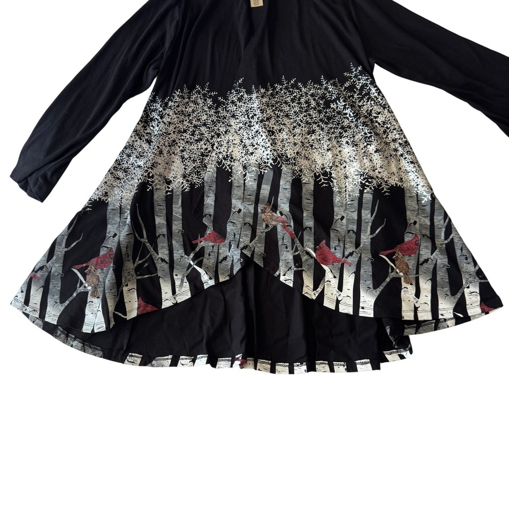 A Walk in the Park Cardinal Forest Open Cardigan M Black Winter Eclectic Birds - Picture 2 of 7